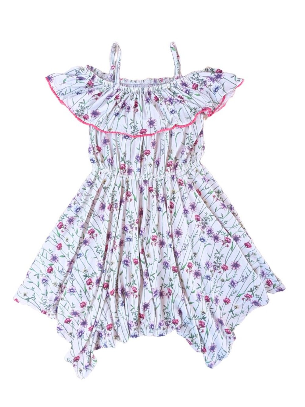 BCBGirls white floral off the shoulder dress with straps pink trim VGUC 14/16